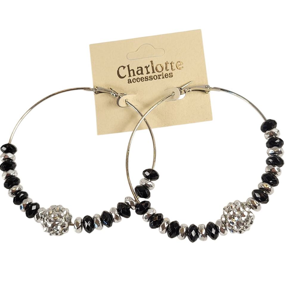 Large Black Beaded Hoop Earrings 3" Silver Tone Rhinestone Accent Pierced Trendy